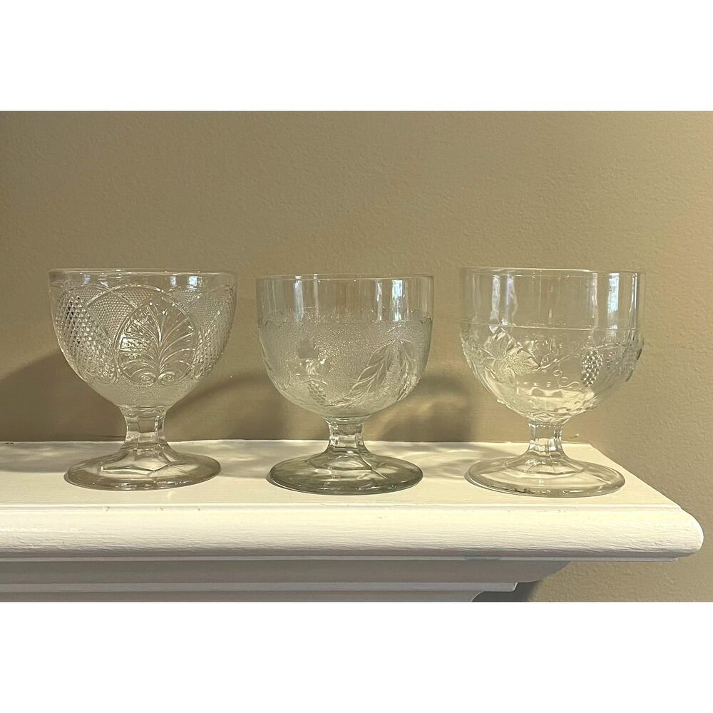 Vintage Pattern Glass Buttermilk Goblet, Sugar Bowl, Set of 3, Various Patterns